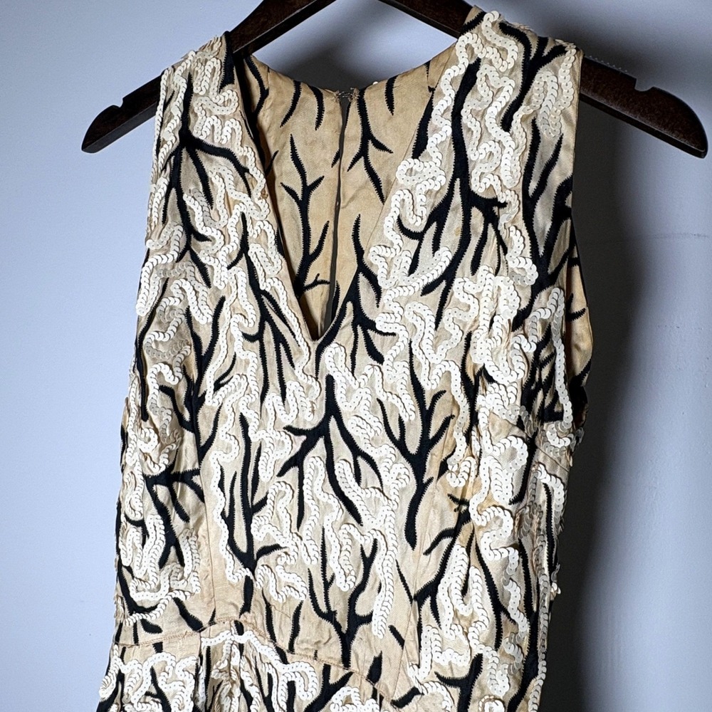 VTG 1960s Wool‎ Sheath Dress Branch Design Ivory Swirl Sequins Cocktail Saks? S